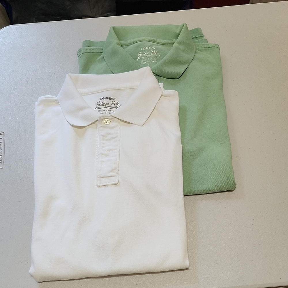 Bundle of 2 J. Crew Vintage SzL Mens Polo Shirts. White is NWOT, green is EUC